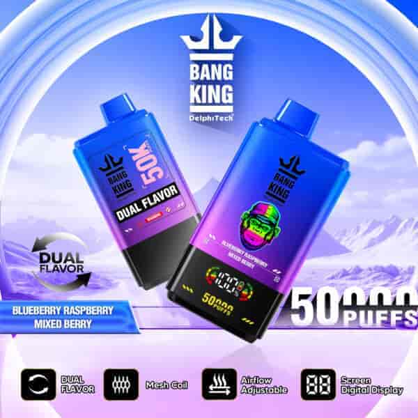 Promotional image for Bang King DelphTech vape device featuring dual flavor options with blueberry raspberry and mixed berry, showing two devices with digital displays, 50,000 puff capacity, and icons highlighting dual flavor, mesh coil, adjustable airflow, and screen display features.