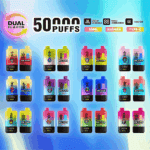 Colorful display of multiple dual flavor disposable vape devices featuring various flavors, with text highlighting 50,000 puffs, 50ml capacity, 850mAh battery, Type-C charging, and airflow adjustability on a gradient blue background.