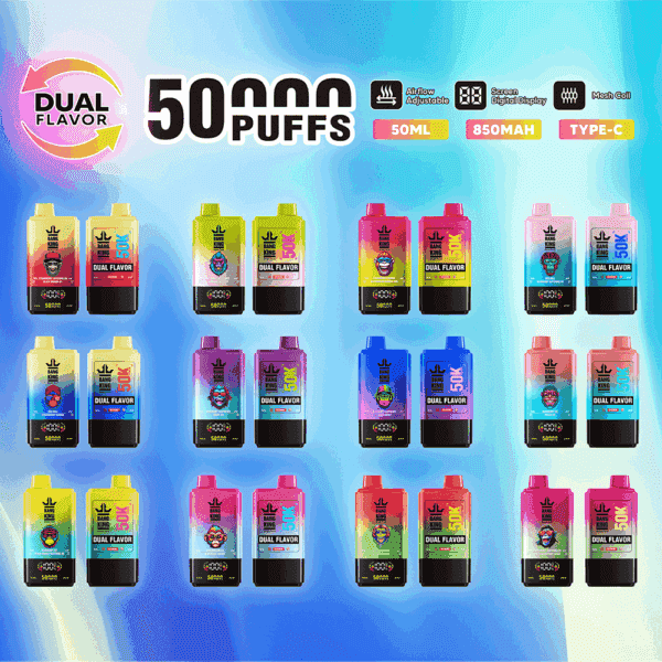 Colorful display of multiple dual flavor disposable vape devices featuring various flavors, with text highlighting 50,000 puffs, 50ml capacity, 850mAh battery, Type-C charging, and airflow adjustability on a gradient blue background.