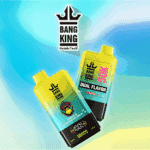 Two Bang King DelphiTech vape devices, each with a yellow-to-blue gradient design and bold logos, displayed against a blue and yellow abstract background; one device is labeled 'Dual Flavor 50K' and 'Blueberry Ice Peach Mango Watermelon', highlighting 50,000 puffs.
