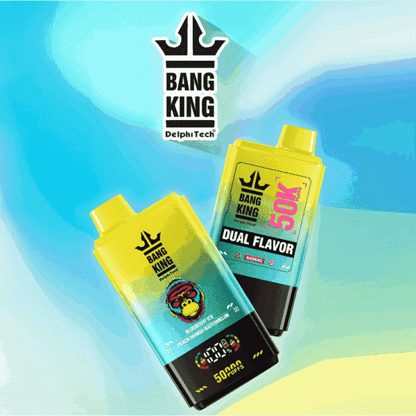 Two Bang King DelphiTech vape devices, each with a yellow-to-blue gradient design and bold logos, displayed against a blue and yellow abstract background; one device is labeled 'Dual Flavor 50K' and 'Blueberry Ice Peach Mango Watermelon', highlighting 50,000 puffs.