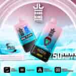 Promotional image for Bang King DelphiTech dual flavor vape featuring Red Bull and Blueberry Watermelon flavors, displaying two vape devices with a digital screen, mesh coil, airflow adjustment, and 50,000 puff capacity against an icy blue background.