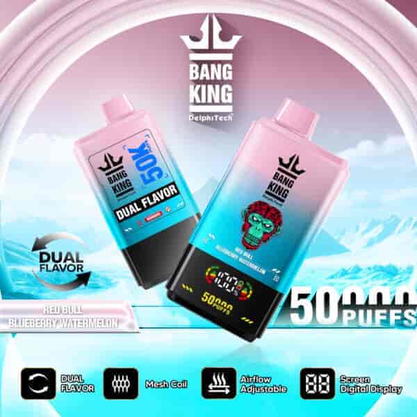 Promotional image for Bang King DelphiTech dual flavor vape featuring Red Bull and Blueberry Watermelon flavors, displaying two vape devices with a digital screen, mesh coil, airflow adjustment, and 50,000 puff capacity against an icy blue background.