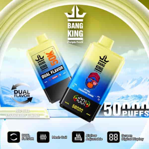 Advertisement for Bang King DelphTech dual flavor disposable vapes featuring the Red Bull Strawberry Banana flavor, highlighting 50,000 puffs, adjustable airflow, mesh coil, and a digital display, set against an icy mountain background.