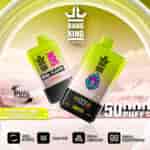 Bang King DelphTech dual flavor disposable vape devices in strawberry mango and strawberry kiwi, featuring digital displays and 50,000 puffs, set against a stylized mountain background with product icons highlighting features like mesh coil and adjustable airflow.
