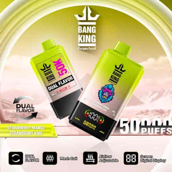 Bang King DelphTech dual flavor disposable vape devices in strawberry mango and strawberry kiwi, featuring digital displays and 50,000 puffs, set against a stylized mountain background with product icons highlighting features like mesh coil and adjustable airflow.