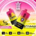 Two Bang King disposable vape devices with a pink and yellow gradient design, featuring dual flavors (strawberry mango and watermelon bubble gum), a 50,000 puff count, digital screen display, mesh coil, adjustable airflow, and product branding, set against a vibrant background with mountains and the Bang King logo.