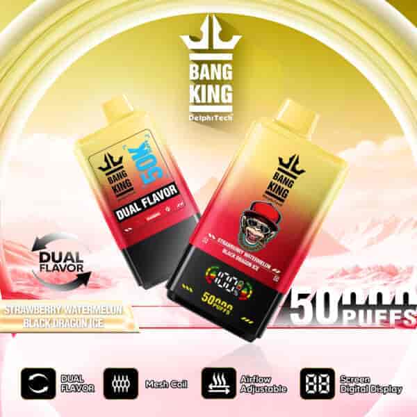 Promotional image for Bang King DelphTech dual flavor vape device highlighting strawberry watermelon and black dragon ice flavors, featuring two devices with digital screens, bold branding, and key features such as dual flavor, mesh coil, adjustable airflow, and 50,000 puffs.