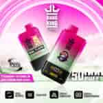 Advertisement for Bang King DelphTech dual flavor vape devices featuring strawberry watermelon and kiwi passion fruit guava flavors, with colorful vape devices, highlighted features like dual flavor, mesh coil, adjustable airflow, and digital screen display, set against a pink and white abstract mountain background.