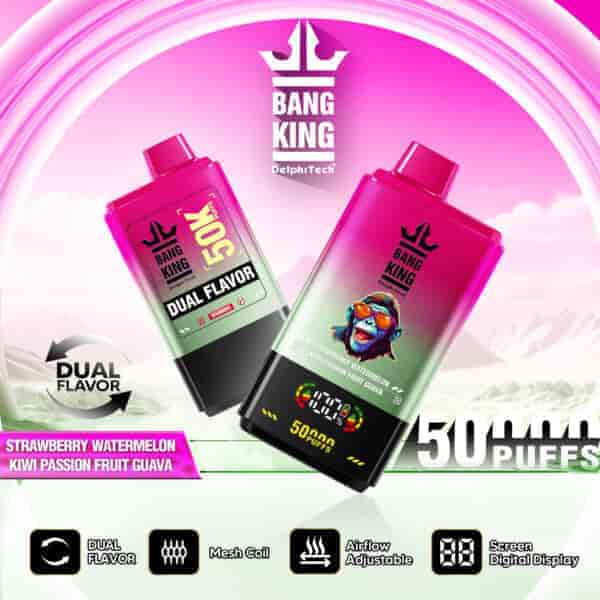 Advertisement for Bang King DelphTech dual flavor vape devices featuring strawberry watermelon and kiwi passion fruit guava flavors, with colorful vape devices, highlighted features like dual flavor, mesh coil, adjustable airflow, and digital screen display, set against a pink and white abstract mountain background.