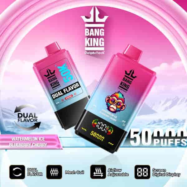 Bang King vape devices with pink and blue gradient packaging, featuring dual flavor options Watermelon Ice and Blueberry Cherry, digital display, and icons highlighting mesh coil, adjustable airflow, and 50,000 puffs, set against a snowy mountain background.