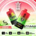 Promotional image for Bang King DelphTech dual flavor disposable vape in Watermelon Ice and Blueberry Mint, featuring two colorful devices with a digital display, set against a stylized green and pink background with product features highlighted.