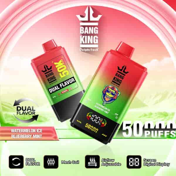 Promotional image for Bang King DelphTech dual flavor disposable vape in Watermelon Ice and Blueberry Mint, featuring two colorful devices with a digital display, set against a stylized green and pink background with product features highlighted.