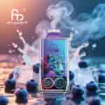 Dispositivo vape da marca FUMOT com ilustração de leopardo, display digital, cercado por mirtilos e cubos de gelo com vapor e respingos ao fundo.
