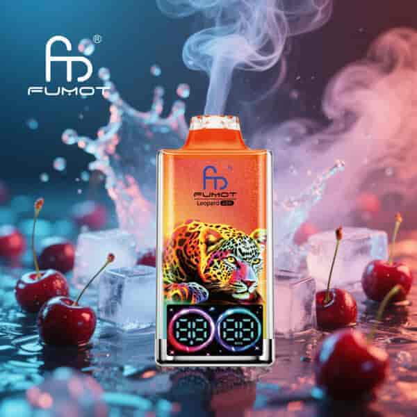 Dispositivo vape Fumot Leopard 40K colorido com display digital e ilustração de leopardo, cercado por cerejas, cubos de gelo e vapor giratório.