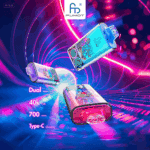 Dispositivos vape eletrônicos coloridos da marca FUMOT com desenhos de animais flutuando em um túnel de néon, destacando recursos como núcleo de malha dupla, 40.000 baforadas, bateria de 700 mAh e carregamento Tipo C.