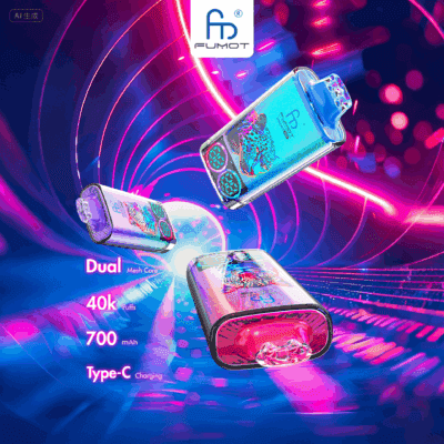FUMOT-märkta färgglada elektroniska vape-enheter med djurdesign som flyter i en neontunnel, som framhäver funktioner som dubbel mesh-kärna, 40 000 puffar, 700 mAh-batteri och Type-C-laddning.