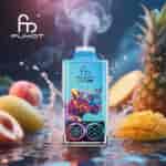 Dispositivo vape colorido FUMOT Leopard 4UK com display digital e gráfico de leopardo, cercado por salpicos de água, abacaxi, pêssego e fatias de manga em um fundo vibrante.