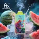 Dispositivo vape colorido FUMOT Leopard 40K com display digital e uma ilustração vibrante de leopardo, cercado por cubos de gelo e melancia fatiada, emitindo vapor em um ambiente dinâmico.