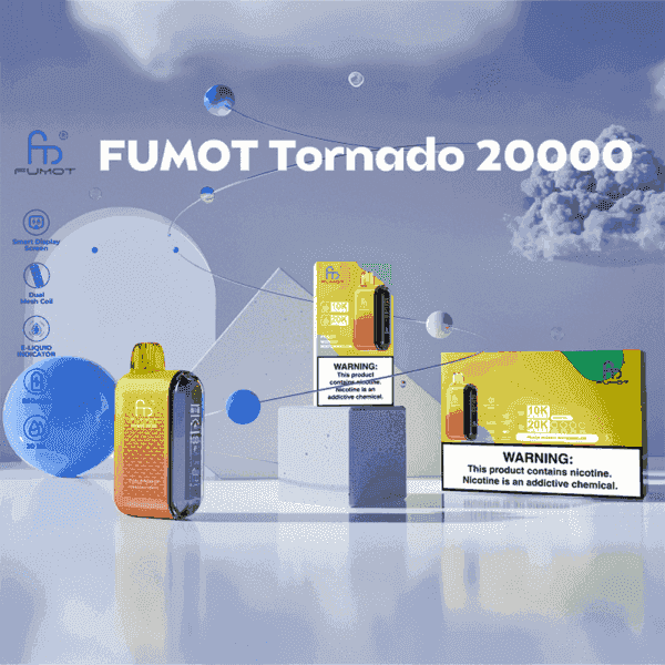 Kampanjbild för FUMOT Tornado 20000 vape-enhet som visar produkten, bildskärm, förpackning med nikotinvarningsetiketter och nyckelfunktioner som smart skärm, dubbel nätspole, 850 mAh batteri och 20 ml e-vätskekapacitet, mot en futuristisk bakgrund med geometriska former och moln.