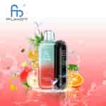 Färgglad elektronisk vape-enhet märkt 'Peach Pineapple Orange' med stänkeffekter och färska persika-, ananas- och apelsinfrukter, mot en gradientbakgrund med FUMOT-logotypen ovan.