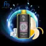 Fumot Tornado 25000 Banana Ice Vape-Gerät mit Digitalanzeige, dargestellt mit Eiswürfeln und einer geschälten Banane vor einem leuchtenden, futuristischen Hintergrund.