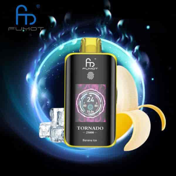 Fumot Tornado 25000 Banana Ice Vape-Gerät mit Digitalanzeige, dargestellt mit Eiswürfeln und einer geschälten Banane vor einem leuchtenden, futuristischen Hintergrund.