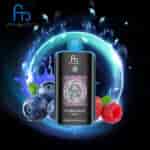 FUMOT Tornado 25000 Einweg-Vaporizer in der Geschmacksrichtung Blueberry Raspberry, dargestellt mit Blaubeeren und Himbeeren vor einem leuchtend blauen und violetten Hintergrund.