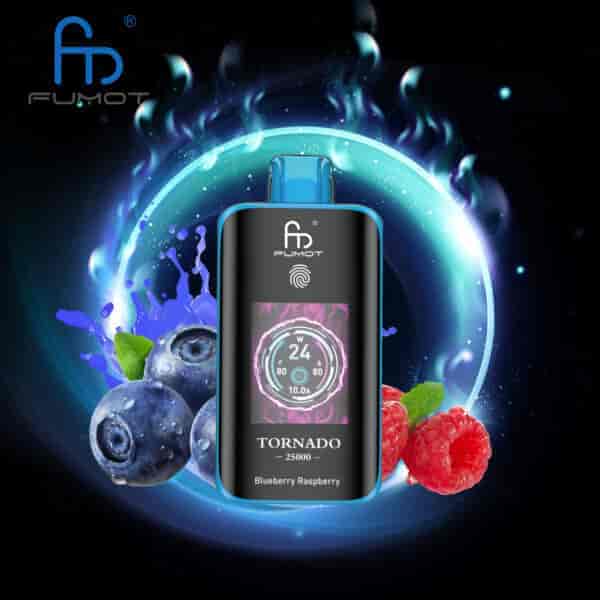 FUMOT Tornado 25000 Einweg-Vaporizer in der Geschmacksrichtung Blueberry Raspberry, dargestellt mit Blaubeeren und Himbeeren vor einem leuchtend blauen und violetten Hintergrund.