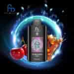 FUMOT Tornado Cherry Cola Vape-Gerät mit elektronischem Display, umgeben von Kirschen und einem Spritzer Cola, vor einem leuchtend blauen Ring auf dunklem Hintergrund.