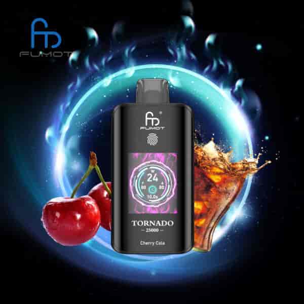 FUMOT Tornado Cherry Cola Vape-Gerät mit elektronischem Display, umgeben von Kirschen und einem Spritzer Cola, vor einem leuchtend blauen Ring auf dunklem Hintergrund.