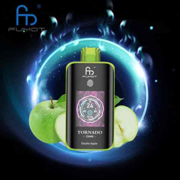 FUMOT Tornado Double Apple Vape-Gerät vor einem leuchtenden Energiering mit grünen Äpfeln und Apfelscheiben, mit Digitalanzeige und Produktbranding.