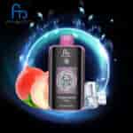Fumot Tornado Vape-Gerät in der Geschmacksrichtung Juicy Peach Ice, dargestellt mit einem Pfirsich und Eiswürfeln vor einem leuchtenden, wirbelnden blauen Hintergrund.