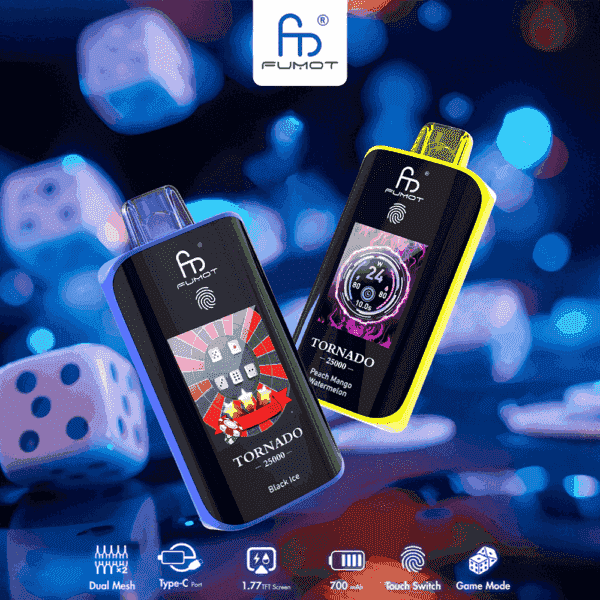 Zwei Fumot Tornado Vape-Geräte, eines mit blauem und das andere mit gelbem Akzent, werden vor einem unscharfen Hintergrund mit blauen Würfeln angezeigt und heben Funktionen wie einen großen Bildschirm, Dual-Mesh, Touch-Schalter und Spielemodus hervor.