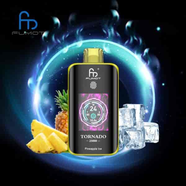 FUMOT Tornado Pineapple Ice Vape-Gerät mit digitaler Anzeige, umgeben von Ananasscheiben und Eiswürfeln vor einem leuchtenden kosmischen Hintergrund.