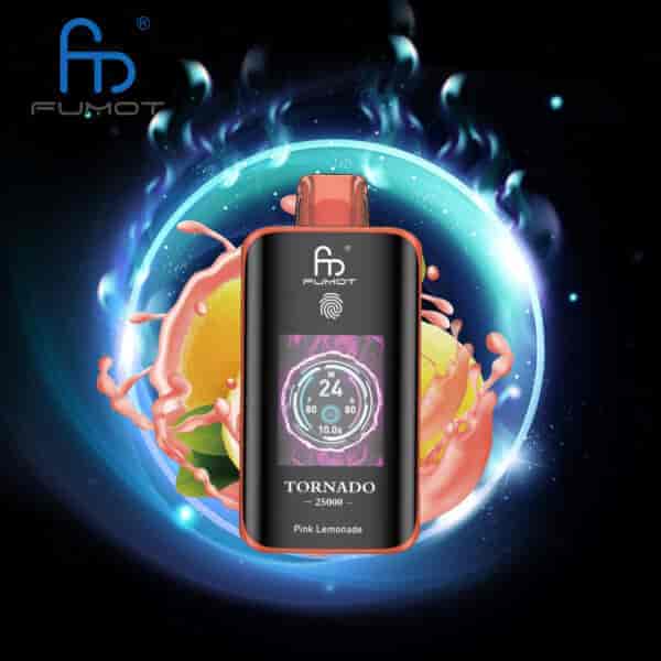 FUMOT Tornado 25000 Einweg-Vaporizer mit rosa Limonadengeschmack, angezeigt mit digitalem Bildschirm und umgeben von einer Grafik aus Zitrone, rosa Flüssigkeitsspritzern und einem leuchtend blauen Heiligenschein auf dunklem Hintergrund.