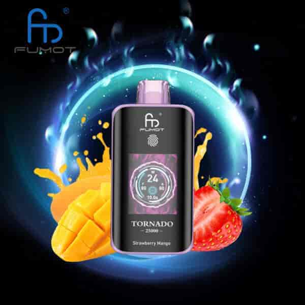 FUMOT Tornado Vape-Gerät mit Digitalanzeige, dargestellt mit Mango- und Erdbeerfrüchten und einem leuchtend blauen Ring im Hintergrund, der den Erdbeer-Mango-Geschmack anzeigt.
