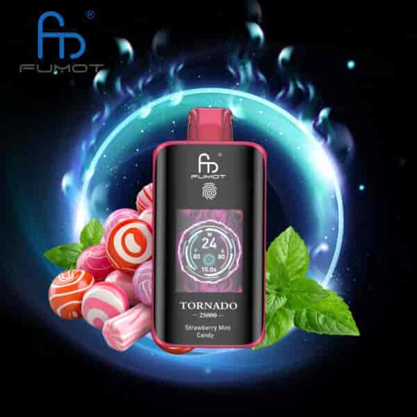 Fumot Tornado Vape-Gerät mit Digitalanzeige, umgeben von bunten Bonbons und Minzblättern vor einem leuchtenden, kosmischen Hintergrund.