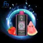 FUMOT Tornado Vape-Gerät vor einem leuchtend blauen Ring mit frischen Erdbeeren und einer Scheibe Wassermelone, die den Erdbeer-Wassermelonen-Geschmack hervorheben.