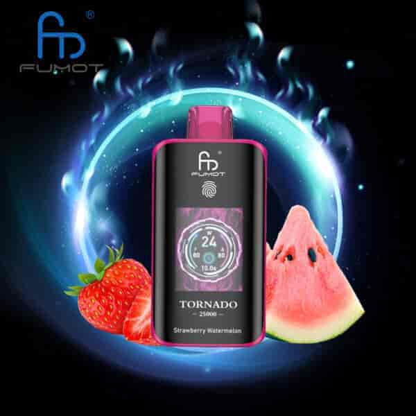 FUMOT Tornado Vape-Gerät vor einem leuchtend blauen Ring mit frischen Erdbeeren und einer Scheibe Wassermelone, die den Erdbeer-Wassermelonen-Geschmack hervorheben.
