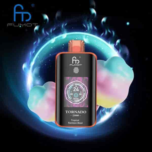 Vape-Gerät der Marke FUMOT mit der Aufschrift 'TORNADO 25000 Tropical Rainbow Blast' mit Digitalanzeige, dargestellt vor bunter Zuckerwatte und einer leuchtenden, wirbelnden blauen Aura auf dunklem Hintergrund.