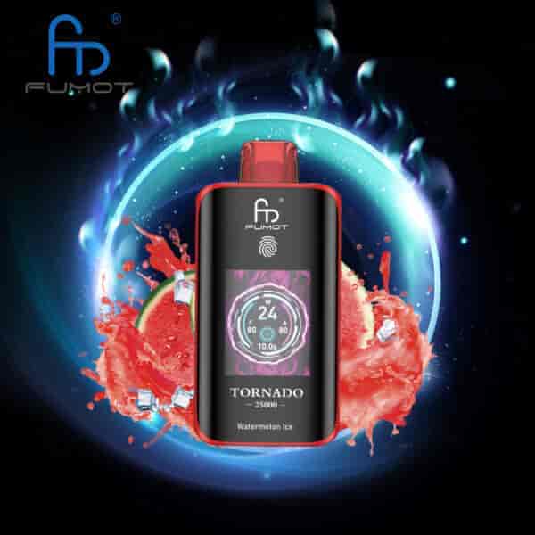 Fumot Tornado 25000 Watermelon Ice Vape-Gerät mit Digitalanzeige, umgeben von Wassermelonenscheiben, Eiswürfeln und einer leuchtend blauen Aura auf schwarzem Hintergrund.