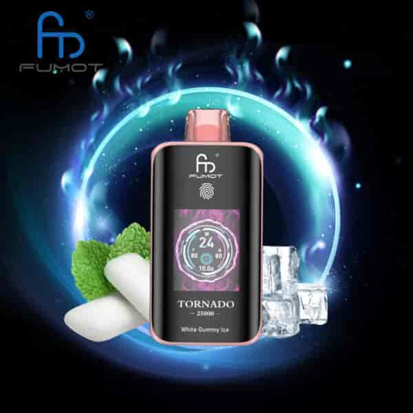 FUMOT Tornado Vape-Gerät mit Digitalanzeige, umgeben von Minzblättern, weißen Gummibonbons und Eiswürfeln, mit einem leuchtend blauen kreisförmigen Hintergrund.