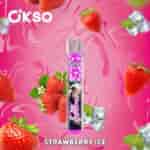 OKSO ストロベリー アイス VAPE フレーバーのカラフルな広告。ピンクの渦巻いた背景にイチゴ、角氷、緑の葉に囲まれたサイのイメージの VAPE デバイスが特徴です。.