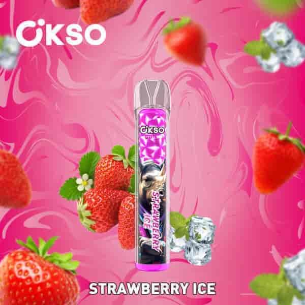 OKSO ストロベリー アイス VAPE フレーバーのカラフルな広告。ピンクの渦巻いた背景にイチゴ、角氷、緑の葉に囲まれたサイのイメージの VAPE デバイスが特徴です。.