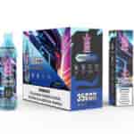 Bang King Tornado Blue Razz Ice vape product packaging featuring a vape device and branded box with colorful neon graphics, highlighting 35,000 puffs and nicotine warning labels.