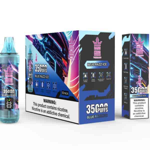 Bang King Tornado Blue Razz Ice vape product packaging featuring a vape device and branded box with colorful neon graphics, highlighting 35,000 puffs and nicotine warning labels.
