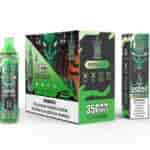 Packaging and a vape device for Bang King Tornado Double Apple flavor, featuring a green futuristic alien face graphic, product details, and nicotine warning labels.