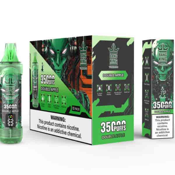 Packaging and a vape device for Bang King Tornado Double Apple flavor, featuring a green futuristic alien face graphic, product details, and nicotine warning labels.