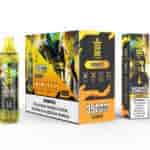 Bang King Tornado Energy disposable vape packaging and device, featuring black, yellow, and orange design elements with a metallic robot illustration, bold branding, and warnings about nicotine content and its addictive nature.